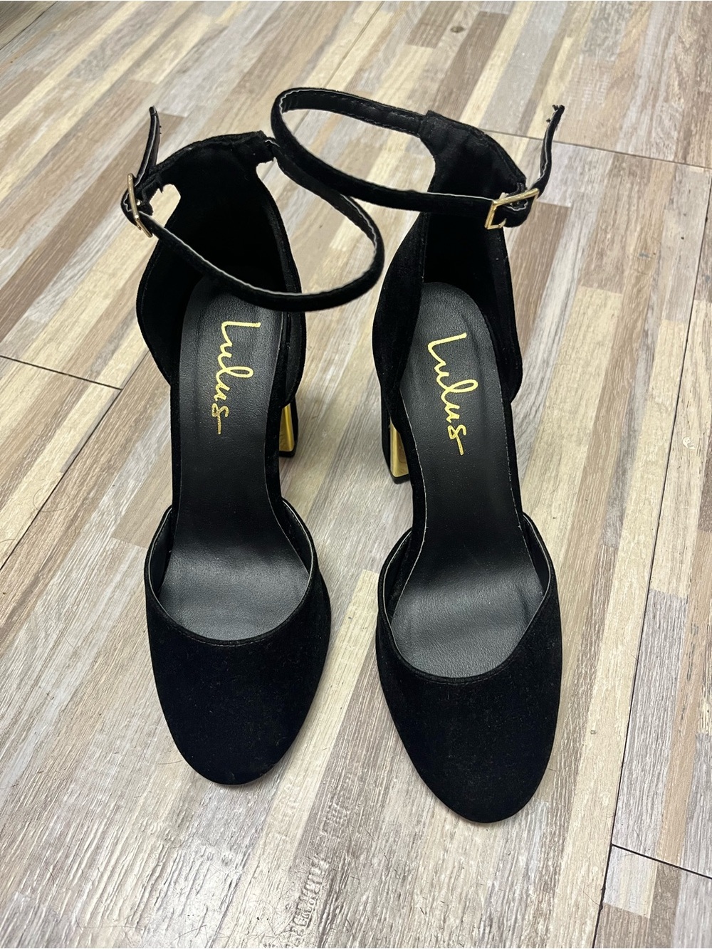 Lulu's Black Ankle-Strap Block Heels with Gold Accent